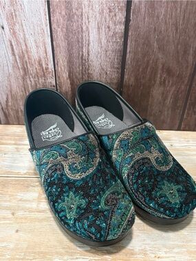 Dansko Vegan Pro Tapestry Teal and Black Paisley Clog